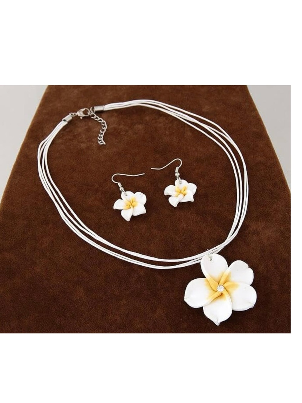 White and Yellow Plumeria Flower Necklace and Earring Set - Women Jewelry